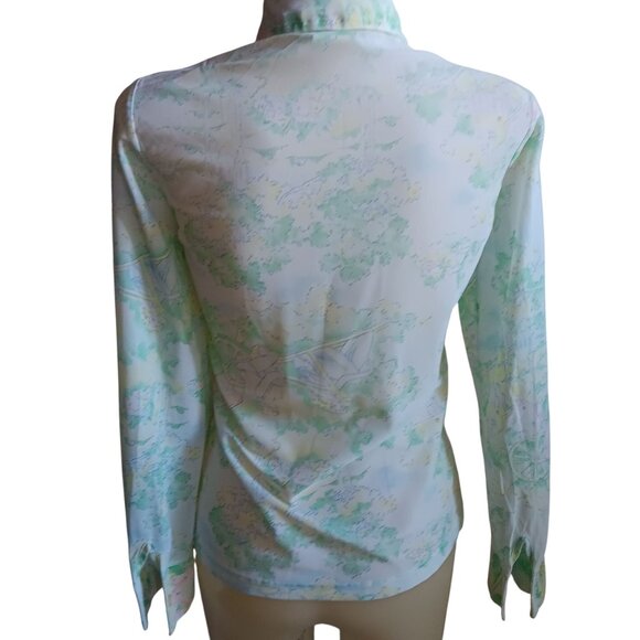 Small 32 Vintage 70's Sheer Nylon Disco Shirt Blouse Scenic Country Print Green - Picture 4 of 10